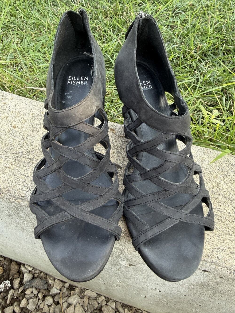 Eileen Fisher Cage Strappy Black Leather Wedge Sandals Zipper Back sz 8.5